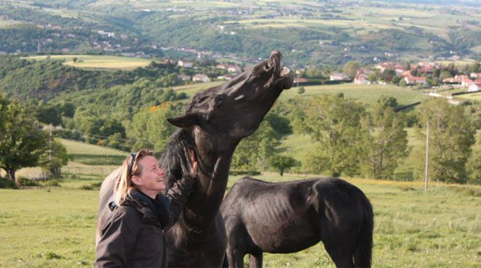 Femme en compagnie de chevaux pour l’hippothérapie dans le cadre de la sclérose en plaques.