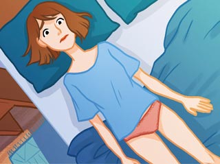 Illustration de Charlotte allongée sur son lit pour raconter sa poussée de sclérose en plaques sévère avec hémiplégie et aphasie.