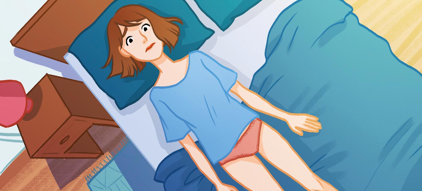 Illustration de Charlotte allongée sur son lit pour raconter sa poussée de sclérose en plaques sévère avec hémiplégie et aphasie.
