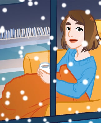 Charlotte boit du chocolat chaud à la fenêtre