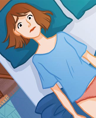 Illustration de Charlotte allongée sur son lit pour raconter sa poussée de sclérose en plaques sévère avec hémiplégie et aphasie.