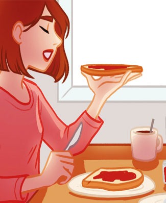 Sclérose en plaques et troubles du sommeil : comment bien dormir ? Charlotte se réveille sereinement et prend son petit-déjeuner.